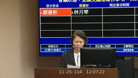 2025-11-25 12:00 第11屆 第4會期 主辦單位：程序委員會 劉書彬委員質詢封面