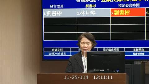 2025-11-25 12:00 第11屆 第4會期 主辦單位：程序委員會 劉書彬委員質詢封面