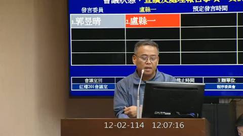 2025-12-02 12:00 第11屆 第4會期 主辦單位：程序委員會 盧縣一委員質詢封面